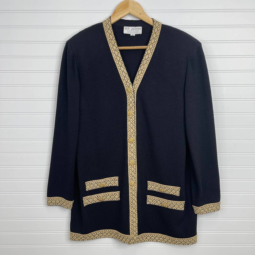 St. John Evening Metallic Trim Paillettes Long Cardigan Knit Sweater 12
